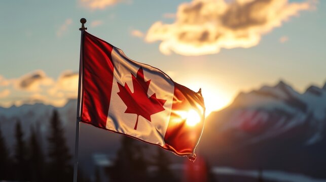 Flag of Canada. Flag with an image of a red maple leaf on a background of mountains
