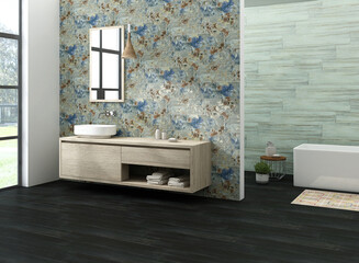 Stylish bathroom interior with white walls, black marble floor, comfortable bathtub, white sink with vertical mirrors and wooden cabinets. 3D Rendering