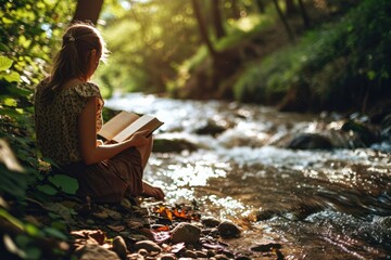 Woman Reads Book By Babbling Brook In Shaded Forest - obrazy, fototapety, plakaty
