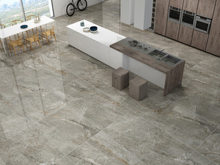 The interior design of the kitchen features a marble countertop with a white washbasin, four black induction burners set for cooking, necessary equipment, and a full strawberry jar on it. 3D