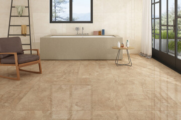 Exquisite bathroom design featuring beige marble flooring, a white bathtub with pendant lights above, a white showcase, empty frames on the wall, and a wooden bench. 3D Rendering