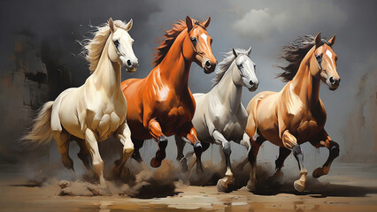 Horses run gallop in the desert. 3D illustration.