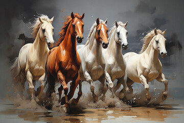 Horses running in water, digital painting, illustration of a wild horses