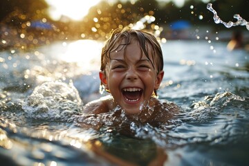 Obraz premium Enthusiastic Young Boy Experiences Blissful Joy While Swimming