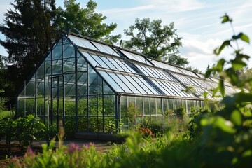 Greenhouse With Solar Panel Integration In Rural Setting