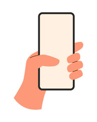 Hand holding phone isolated on white background.