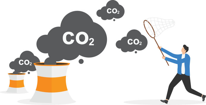 Businessmen use a butterfly net to catch gas carbon dioxide symbols. Zero emission concept design. Flat vector illustration

