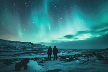 Tourists Watch The Northern Lights In Iceland - obrazy, fototapety, plakaty