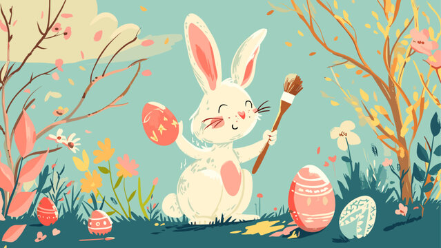 cute easter bunny painting eggs with a brush