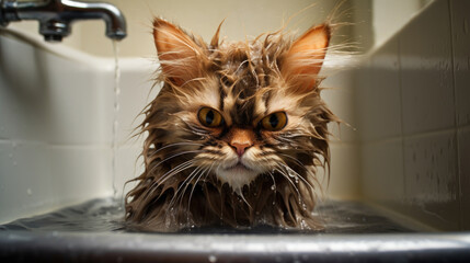 Cat's comical encounter with water. - obrazy, fototapety, plakaty