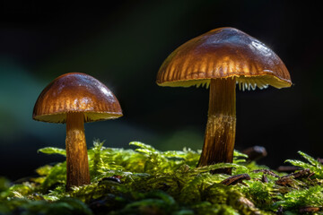 Two mushrooms growing amidst green moss, illuminated by natural light