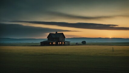 Fototapeta premium a farmhouse in the middle of a field at sunset
