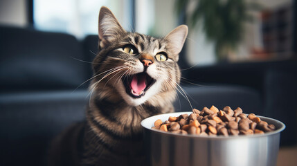 Happy kitty eats from bowl, owner's loving care. - obrazy, fototapety, plakaty