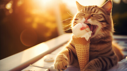 Playful feline relishes ice cream, amusing cat