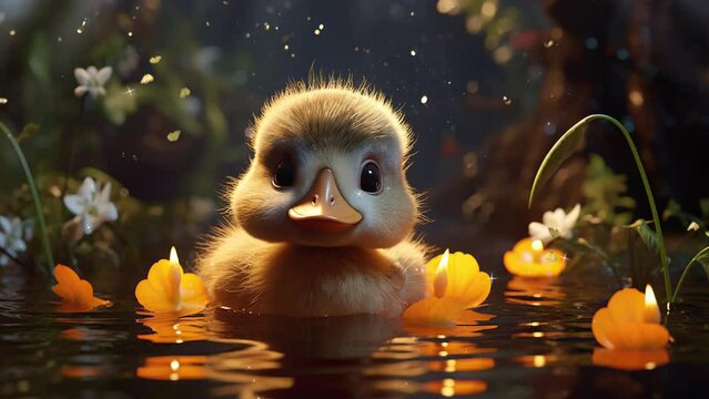 Moonlit Pond Dream of Duckling. Seamless Animation Video Background in 4K Resolution. Mesmerizing Display For Lullabies.