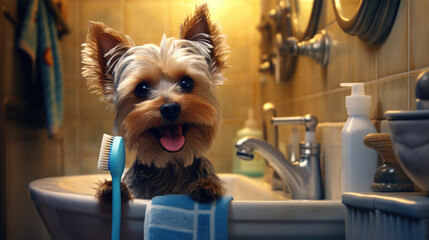 Happy pooch bath time, enjoys cleaning, wet fur.