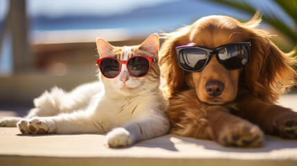 Stylish dog and cat enjoy vacation together wearing sunglasses