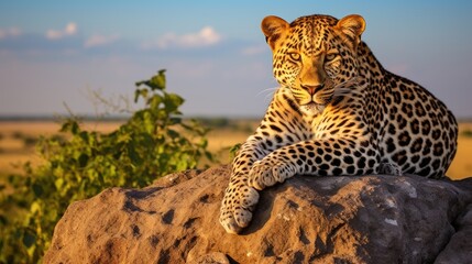 A sleek leopard lounging on a moss-covered rock in the heart of the African savannah