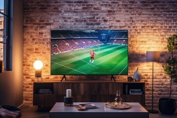 Cozy Living Room Setup with Soccer Game on Big Screen TV - obrazy, fototapety, plakaty