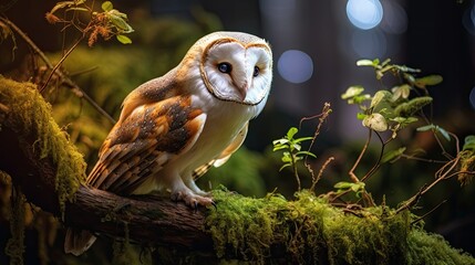 A wise-looking barn owl perched on a moss-covered branch