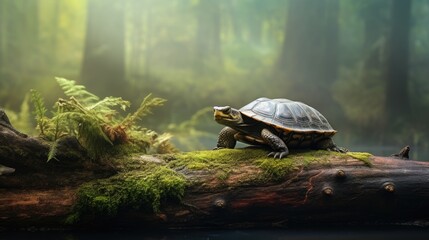 An ancient-looking turtle resting on a weathered log in a misty forest pond
