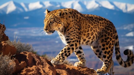 A leopard gracefully descending from a rocky ledge in the Atlas Mountains of Morocco