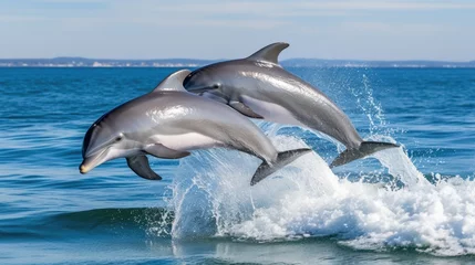 Schilderijen op glas A playful dolphin pod in the ocean © MAY