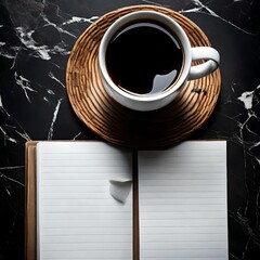 Coffee and an empty white notepad are seen in a still life on a black marble table.