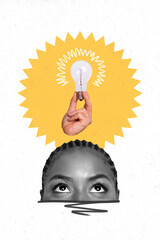 Vertical collage creative black white effect beautiful young lady eyes light sun bulb think...