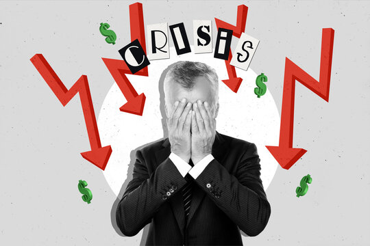 Creative illustration collage poster elder businessman shocked upset mental break crisis burnout loose money