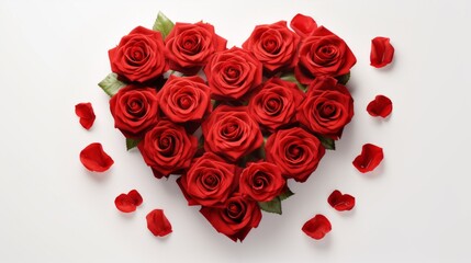 Red roses flowers folded in the shape of a heart. Bouquet of love on white background.