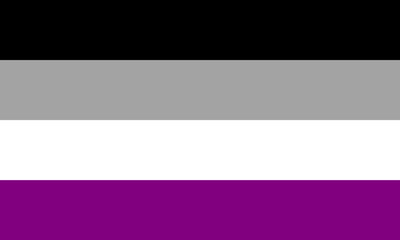 Asexual pride flag, features four horizontal stripes black, gray, white and purple, from top to bottom