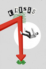 Creative vertical poster collage artwork falling retro young man downwards crisis break earning...