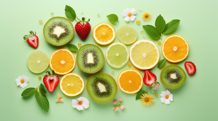 Vibrant citrus fruits, kiwi, and strawberries, artistically arranged with fresh flowers on a green background.
