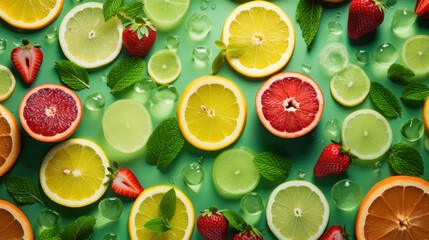 Sliced oranges, limes, and strawberries, beautifully arranged with mint leaves on a green backdrop.