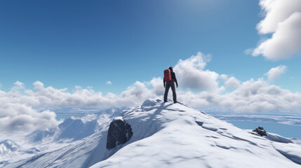 Fototapeta na wymiar Solitary traveler on a snowy ridge overlooking vast snow-covered mountains under a cloudy sky.