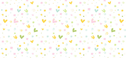 A pattern composed of hearts and cute shapes  on a light background. Simple pattern design template.