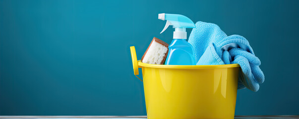 Yellow golves and ble bucket on blue background. Cleaning products.