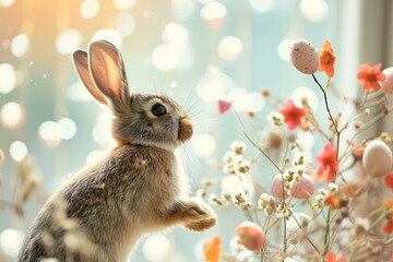 Fototapeta na wymiar Photo of cute Easter bunny with Easter eggs and spring flowers, pastel bokeh background