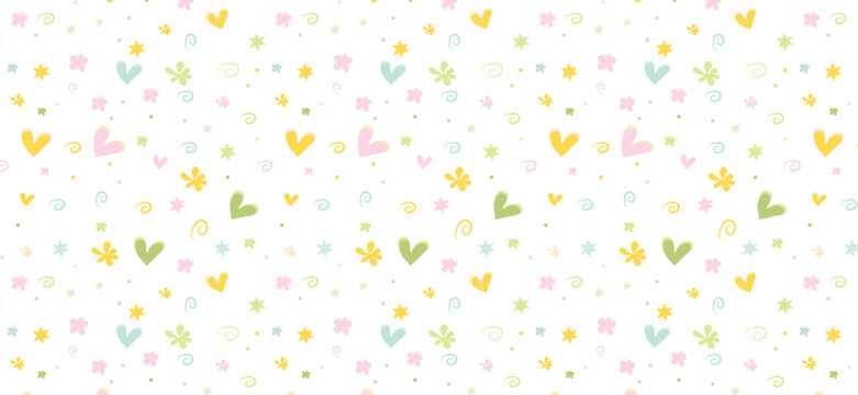 A pattern composed of hearts and cute shapes  on a light background. Simple pattern design template.