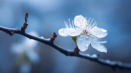 A macro shot captures a single cherry blossom adorned with delicate dewdrops against a soft blue...