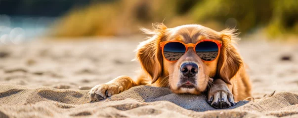 Deurstickers Cool funny dog with glasses laying on tropical beach against sunset ocean. © Michal
