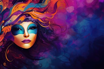 Beautiful young woman with mask and long hair on colorful background. Abstract background for Mardi Gras, Carnival or Fat Tuesday - obrazy, fototapety, plakaty