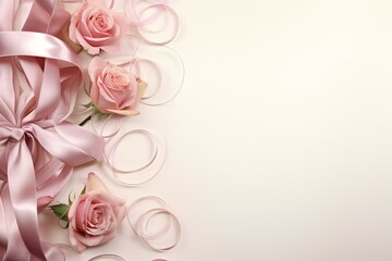 Obraz na płótnie Canvas Soft Pink Roses and Ribbons Valentine's Day Border