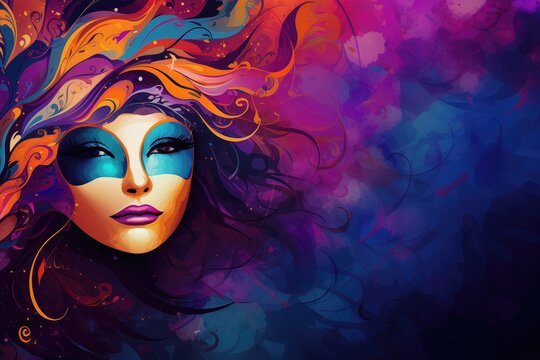 Beautiful young woman with mask and long hair on colorful background. Abstract background for Mardi Gras, Carnival or Fat Tuesday