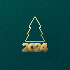2024 Happy New Year vector greeting card. Christmas tree icon with snowflake background. Gold and green banner for celebration, congratulation, decoration, winter holiday, web design, frame