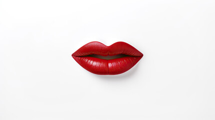 Bright red female lips isolated on a white background. Lipstick advertising banner mockup.