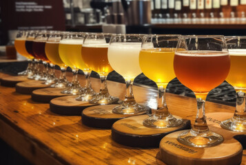 Assessing a selection of craft beer types: light, dark, wheat, stout, and ale - obrazy, fototapety, plakaty