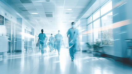 Blurred in motion hospital corridor with running doctors in uniform.