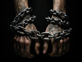 Fototapeta na wymiar Male hands with tattoos are shackled with iron chains on a black background.